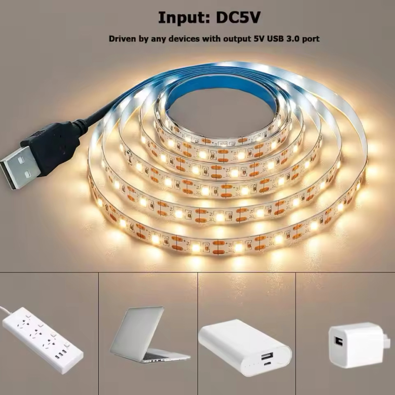 Світлодіодна LED-стрічка 3 м із живленням від повербанка з USB, колір теплий білий, 3000 к