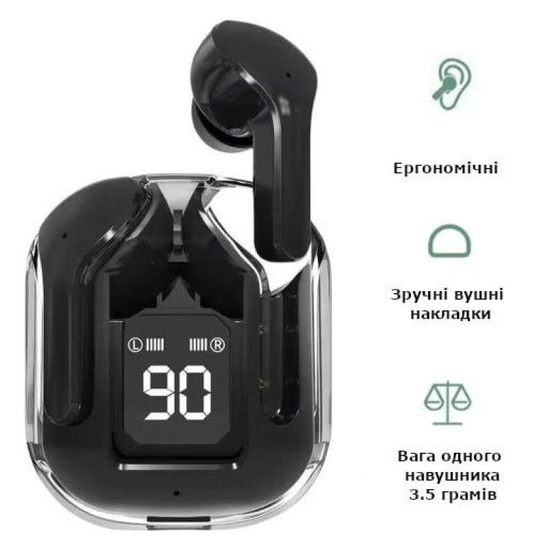 Бездротові навушники AIR 31 з прозорим зарядним кейсом, вакуумні bluetooth 5.3, колір чорний
