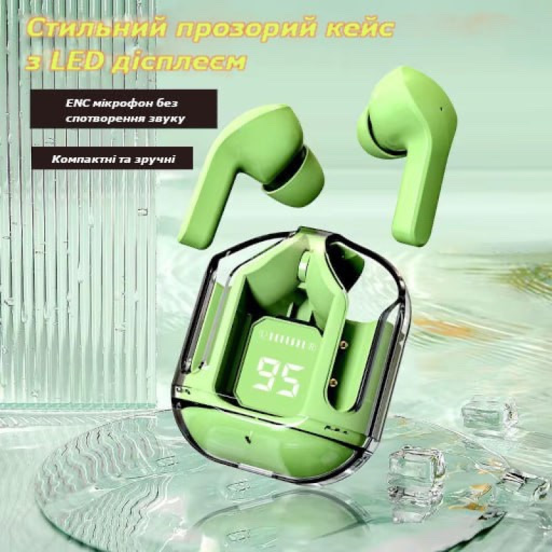 Бездротові навушники AIR 31 з прозорим зарядним кейсом, вакуумні bluetooth 5.3, колір зелений