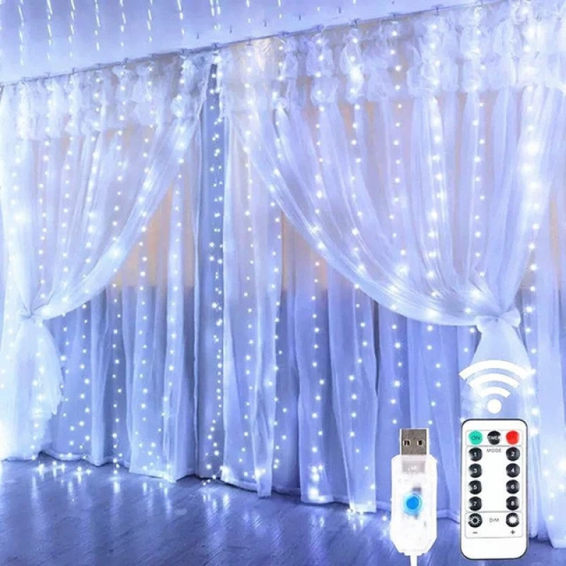 Гірлянда-Завіса Штора  3*3м 300LED USB c Пультом для Прикрас Вікон і Тераси, холодний білий