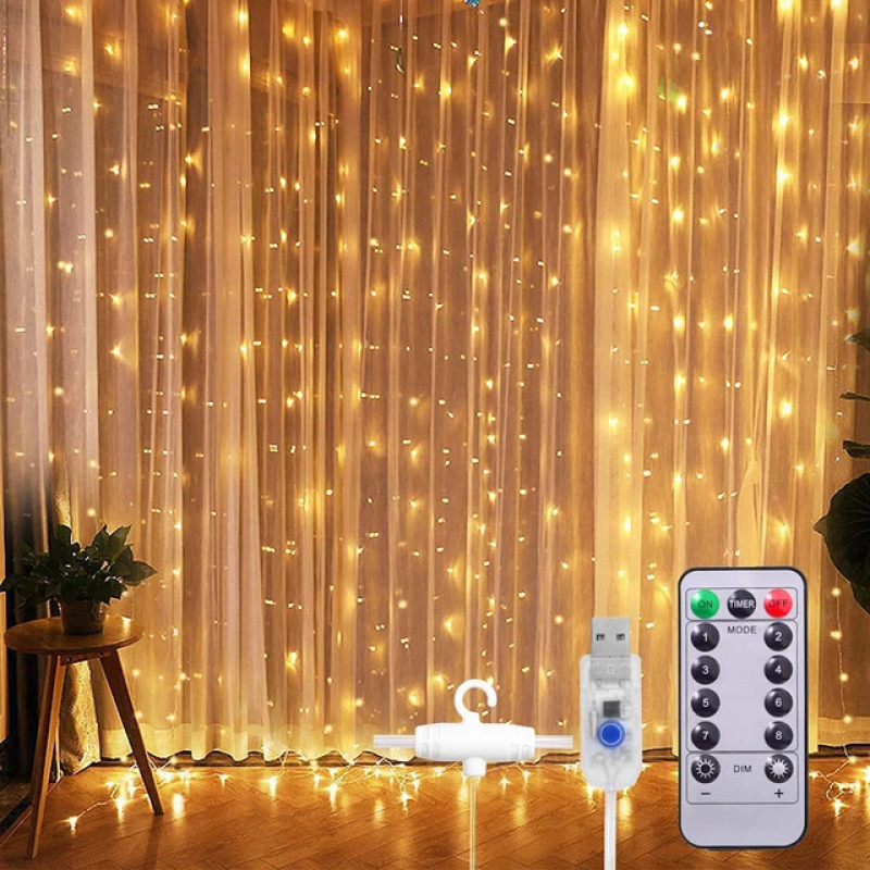 Гірлянда-Завіса Штора  3*3м 300LED USB c Пультом для Прикрас Вікон і Тераси, теплий білий